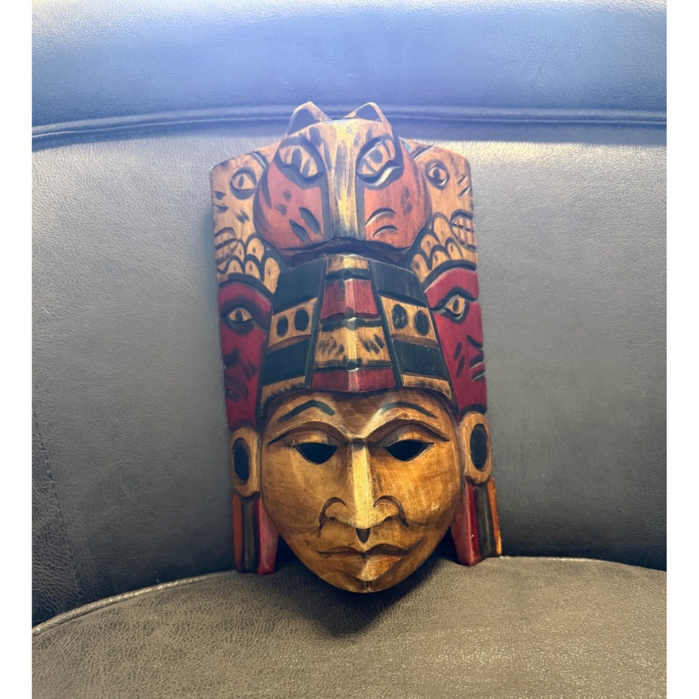 Hand Carved Wooden Mayan Aztec Jaguar Mask Wall Art Decor Folk Art Painted